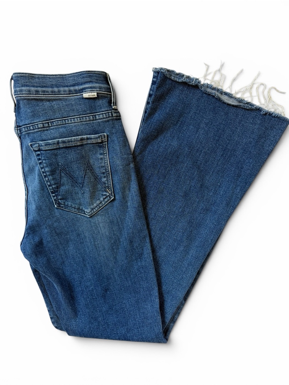 Mother The Weekender Fray Jeans Size 28 Blue Flare Denim Raw Hem